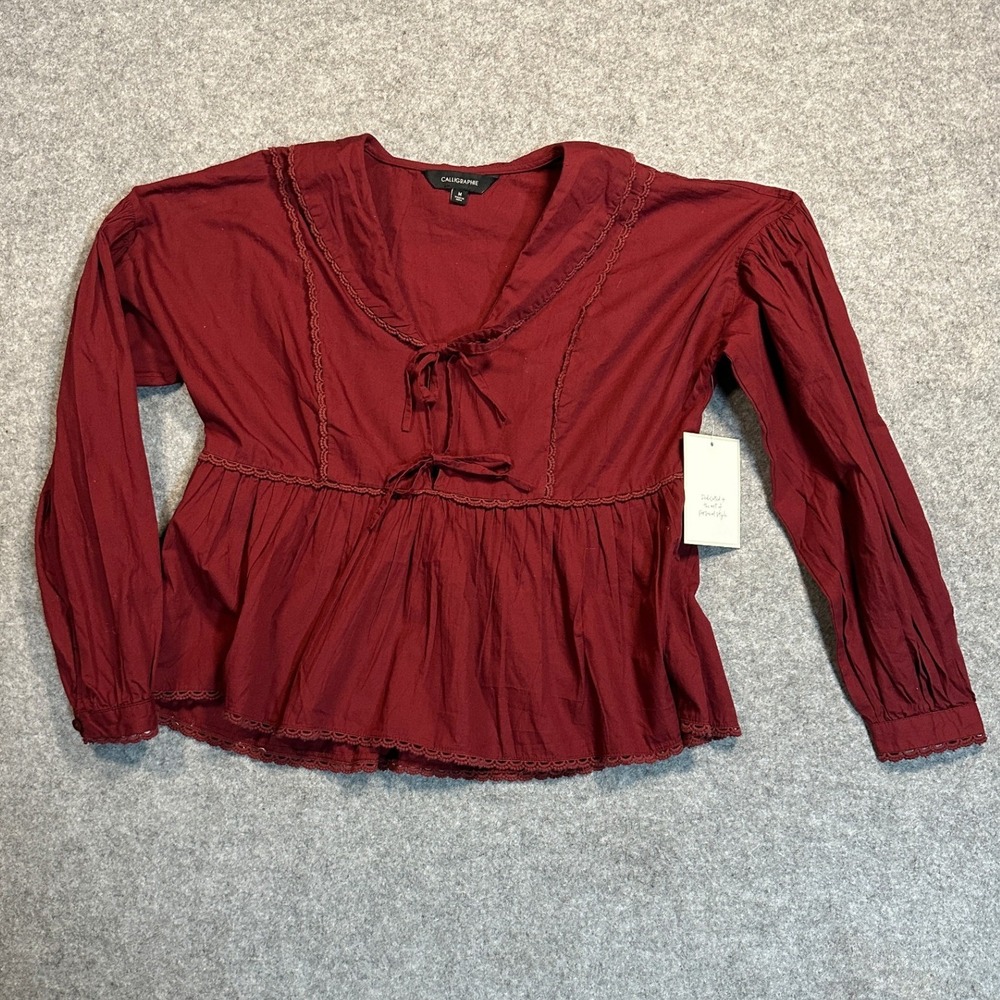 Calligraphie Tie-Front Peplum Blouse Medium Burgundy Lace Trim Cotton